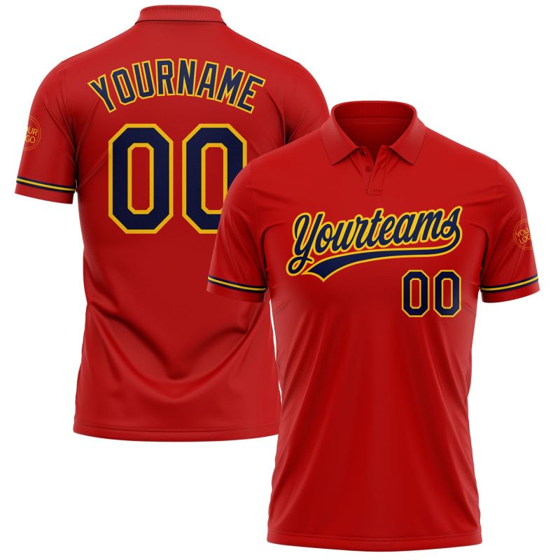 Personalized Red Navy-Yellow Performance Vapor Golf Polo Shirt Team Custom Name and Number