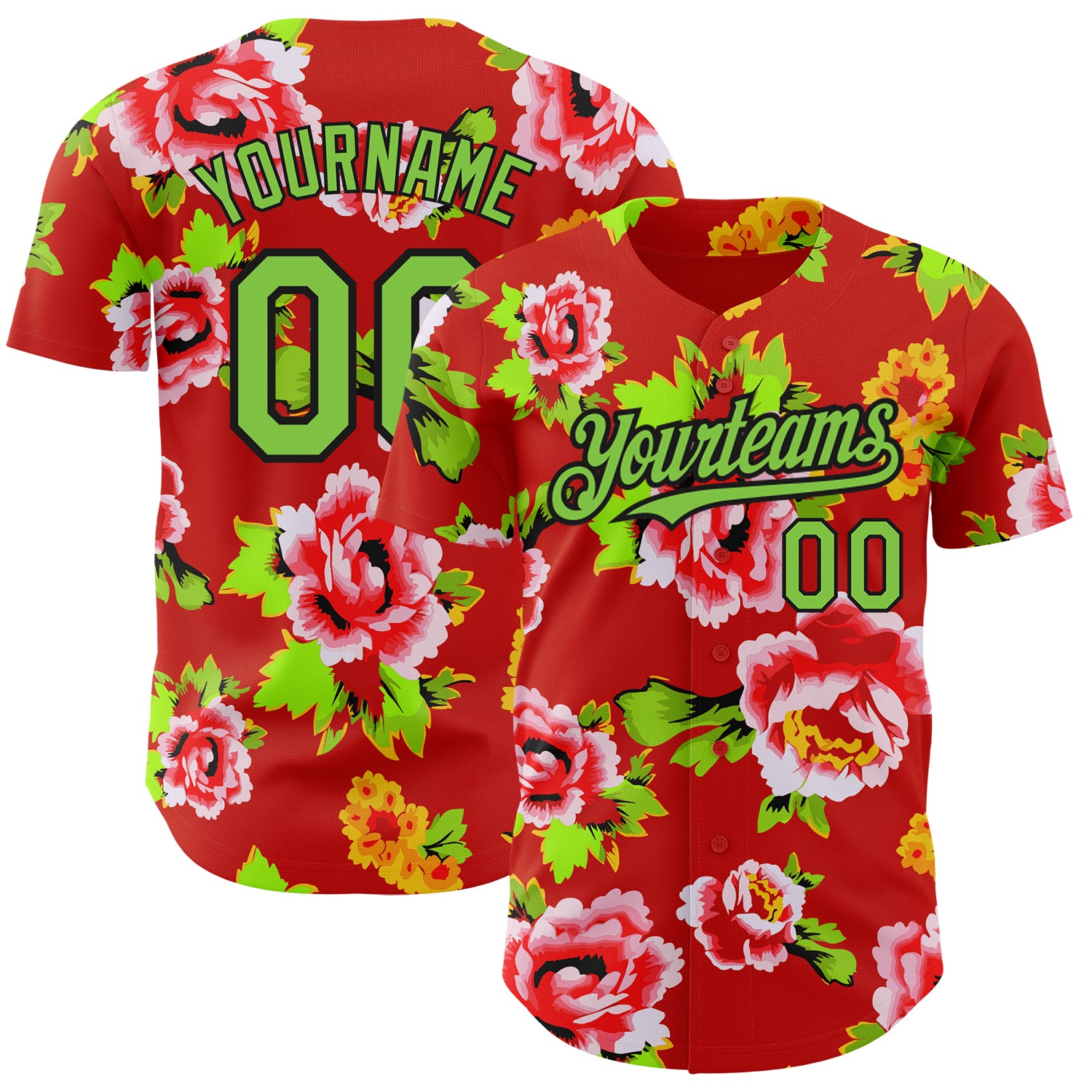Personalized Red Neon Green-Black 3D Pattern Design Northeast China Big Flower Authentic Baseball Jersey Team Custom Name and Number