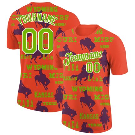 Personalized Red Neon Green-White 3D Pattern Design Cowboy Rodeo Performance T-Shirt Team Custom Name and Number