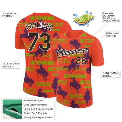 Personalized Red Neon Green-White 3D Pattern Design Cowboy Rodeo Performance T-Shirt Team Custom Name and Number