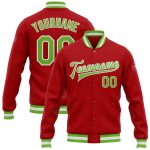 Personalized Red Neon Green-White Bomber Full-Snap Varsity Letterman Jacket Team Custom Name and Number