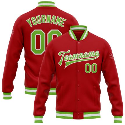 Personalized Red Neon Green-White Bomber Full-Snap Varsity Letterman Jacket Team Custom Name and Number