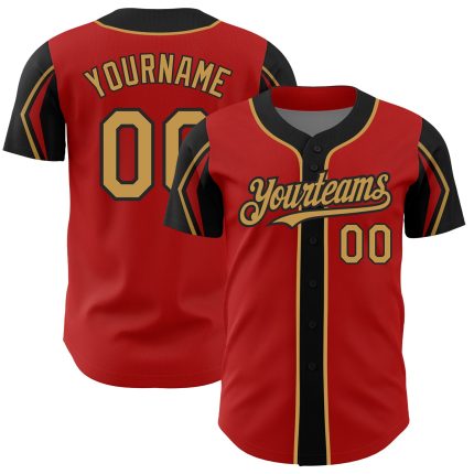 Personalized Red Old Gold-Black 3 Colors Arm Shapes Authentic Baseball Jersey Team Custom Name and Number