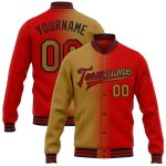Personalized Red Old Gold-Black Bomber Full-Snap Varsity Letterman Gradient Fashion Jacket Team Custom Name and Number