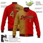 Personalized Red Old Gold-Black Bomber Full-Snap Varsity Letterman Gradient Fashion Jacket Team Custom Name and Number