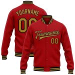 Personalized Red Old Gold-Black Bomber Full-Snap Varsity Letterman Jacket Team Custom Name and Number