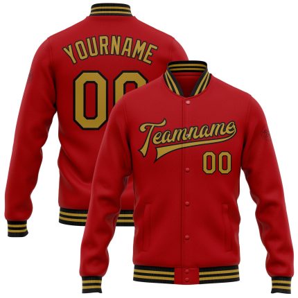 Personalized Red Old Gold-Black Bomber Full-Snap Varsity Letterman Jacket Team Custom Name and Number