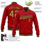 Personalized Red Old Gold-Black Bomber Full-Snap Varsity Letterman Jacket Team Custom Name and Number