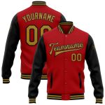 Personalized Red Old Gold-Black Bomber Full-Snap Varsity Letterman Two Tone Jacket Team Custom Name and Number