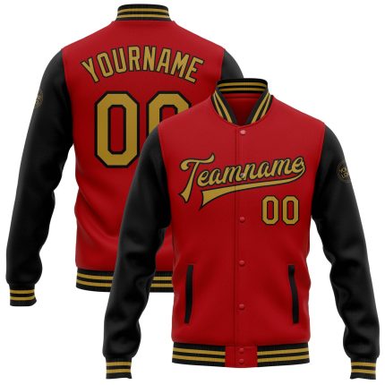 Personalized Red Old Gold-Black Bomber Full-Snap Varsity Letterman Two Tone Jacket Team Custom Name and Number