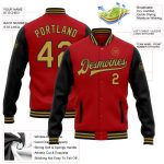 Personalized Red Old Gold-Black Bomber Full-Snap Varsity Letterman Two Tone Jacket Team Custom Name and Number