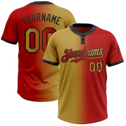 Personalized Red Old Gold-Black Gradient Fashion Two-Button Unisex Softball Jersey Team Custom Name and Number