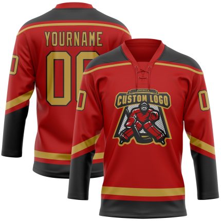 Personalized Red Old Gold-Black Hockey Lace Neck Jersey Team Custom Name and Number