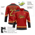 Personalized Red Old Gold-Black Hockey Lace Neck Jersey Team Custom Name and Number