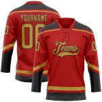 Personalized Red Old Gold-Black Hockey Lace Neck Jersey Team Custom Name and Number