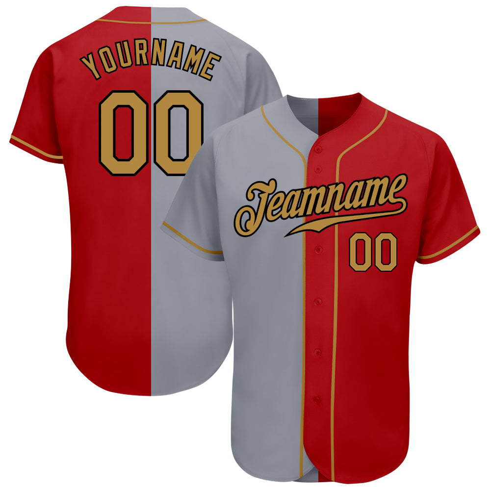 Personalized Red Old Gold-Gray Authentic Split Fashion Baseball Jersey Team Custom Name and Number