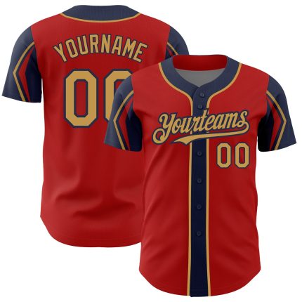 Personalized Red Old Gold-Navy 3 Colors Arm Shapes Authentic Baseball Jersey Team Custom Name and Number