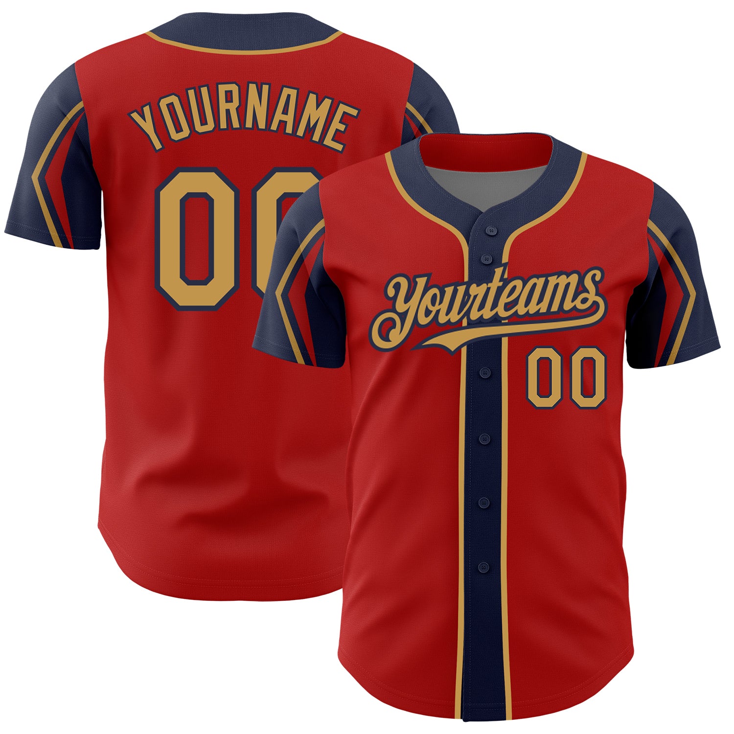 Personalized Red Old Gold-Navy 3 Colors Arm Shapes Authentic Baseball Jersey Team Custom Name and Number
