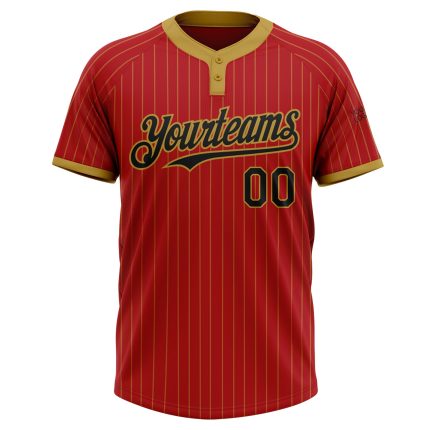 Personalized Red Old Gold Pinstripe Black Two-Button Unisex Softball Jersey Team Custom Name and Number