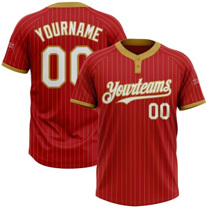Personalized Red Old Gold Pinstripe White Two-Button Unisex Softball Jersey Team Custom Name and Number
