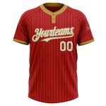 Personalized Red Old Gold Pinstripe White Two-Button Unisex Softball Jersey Team Custom Name and Number