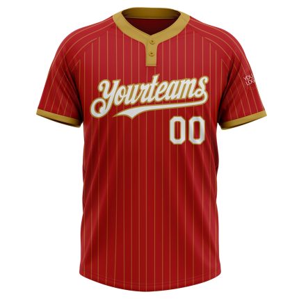 Personalized Red Old Gold Pinstripe White Two-Button Unisex Softball Jersey Team Custom Name and Number