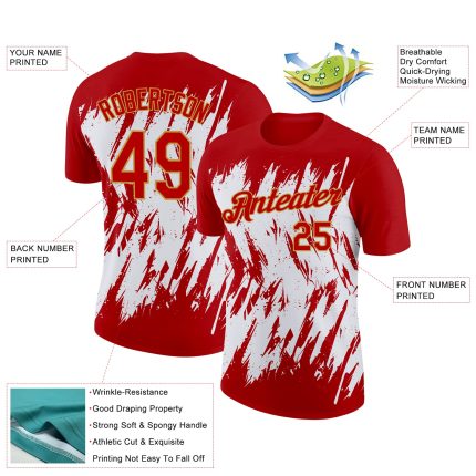 Personalized Red Old Gold-White 3D Pattern Design Abstract Sharp Shape Performance T-Shirt Team Custom Name and Number