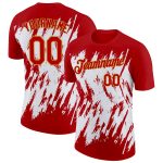 Personalized Red Old Gold-White 3D Pattern Design Abstract Sharp Shape Performance T-Shirt Team Custom Name and Number