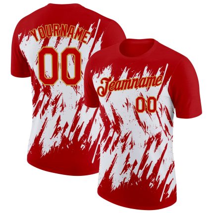 Personalized Red Old Gold-White 3D Pattern Design Abstract Sharp Shape Performance T-Shirt Team Custom Name and Number
