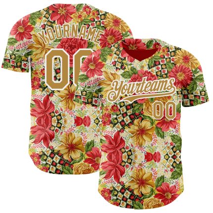 Personalized Red Old Gold-White 3D Pattern Design Northeast China Big Flower Authentic Baseball Jersey Team Custom Name and Number
