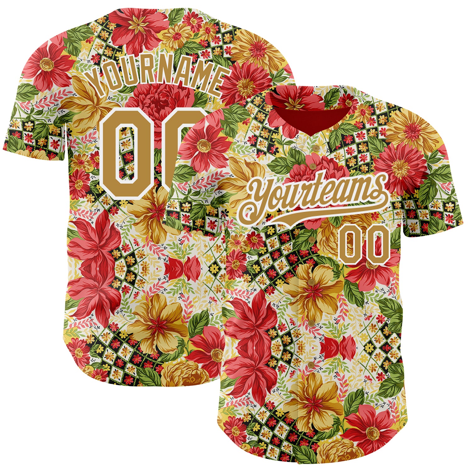 Personalized Red Old Gold-White 3D Pattern Design Northeast China Big Flower Authentic Baseball Jersey Team Custom Name and Number