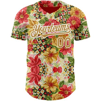 Personalized Red Old Gold-White 3D Pattern Design Northeast China Big Flower Authentic Baseball Jersey Team Custom Name and Number