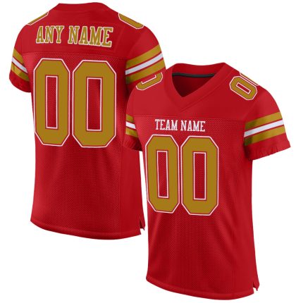 Personalized Red Old Gold-White Mesh Authentic Football Jersey Team Custom Name and Number