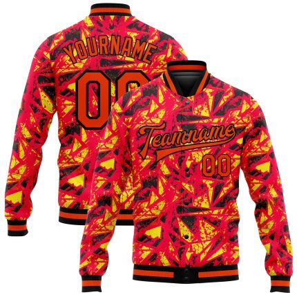 Personalized Red Orange Gold-Black 3D Pattern Design Bomber Full-Snap Varsity Letterman Jacket Team Custom Name and Number