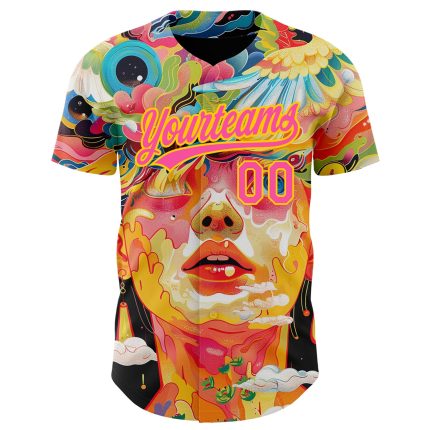 Personalized Red Pink-Yellow 3D Pattern Design Abstract Painting Authentic Baseball Jersey Team Custom Name and Number