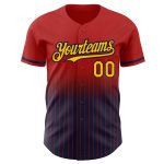 Personalized Red Pinstripe Gold-Navy Authentic Fade Fashion Baseball Jersey Team Custom Name and Number
