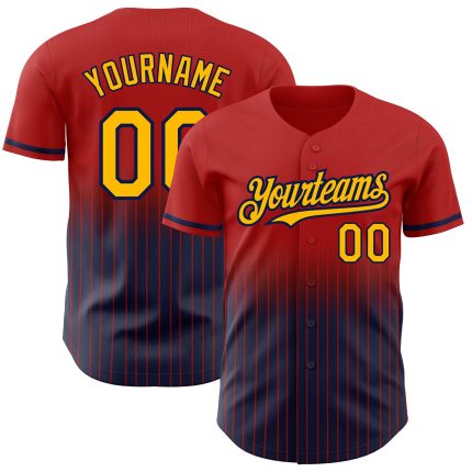 Personalized Red Pinstripe Gold-Navy Authentic Fade Fashion Baseball Jersey Team Custom Name and Number