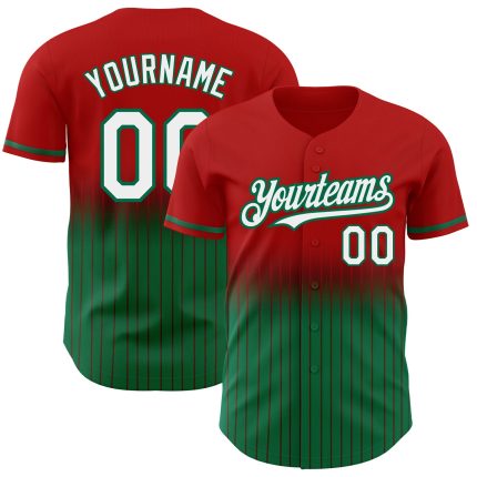 Personalized Red Pinstripe White-Kelly Green Authentic Fade Fashion Baseball Jersey Team Custom Name and Number