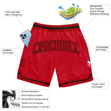 Personalized Red Red-Black Authentic Throwback Basketball Shorts Team Custom Name and Number