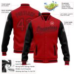 Personalized Red Red-Black Bomber Full-Snap Varsity Letterman Two Tone Jacket Team Custom Name and Number