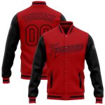 Personalized Red Red-Black Bomber Full-Snap Varsity Letterman Two Tone Jacket Team Custom Name and Number