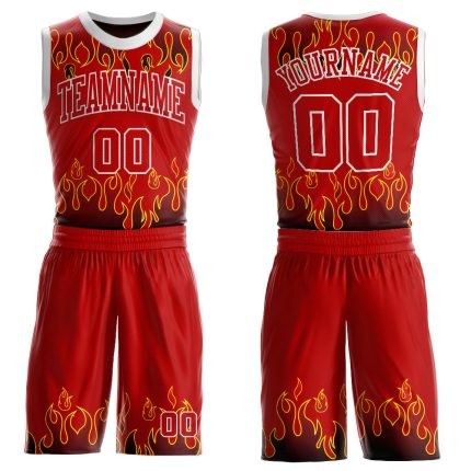 Personalized Red Red-Black Flame Round Neck Sublimation Basketball Suit Jersey Team Custom Name and Number