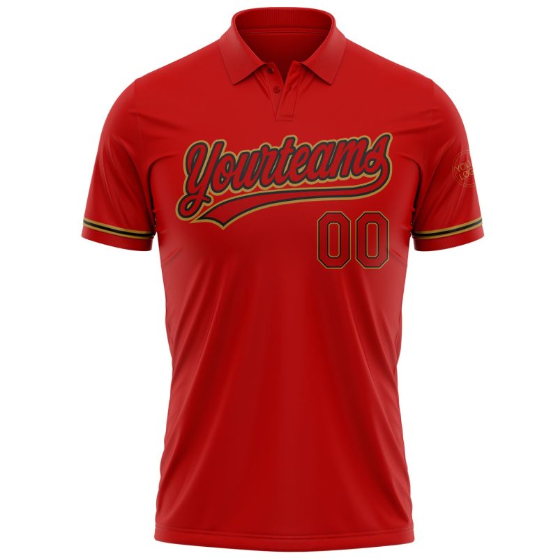 Personalized Red Red Black-Old Gold Performance Vapor Golf Polo Shirt Team Custom Name and Number