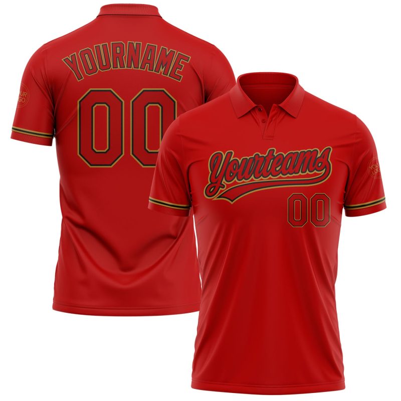 Personalized Red Red Black-Old Gold Performance Vapor Golf Polo Shirt Team Custom Name and Number