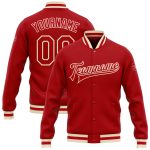 Personalized Red Red-Cream Bomber Full-Snap Varsity Letterman Jacket Team Custom Name and Number