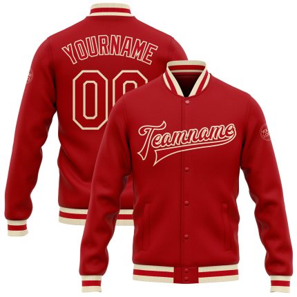 Personalized Red Red-Cream Bomber Full-Snap Varsity Letterman Jacket Team Custom Name and Number