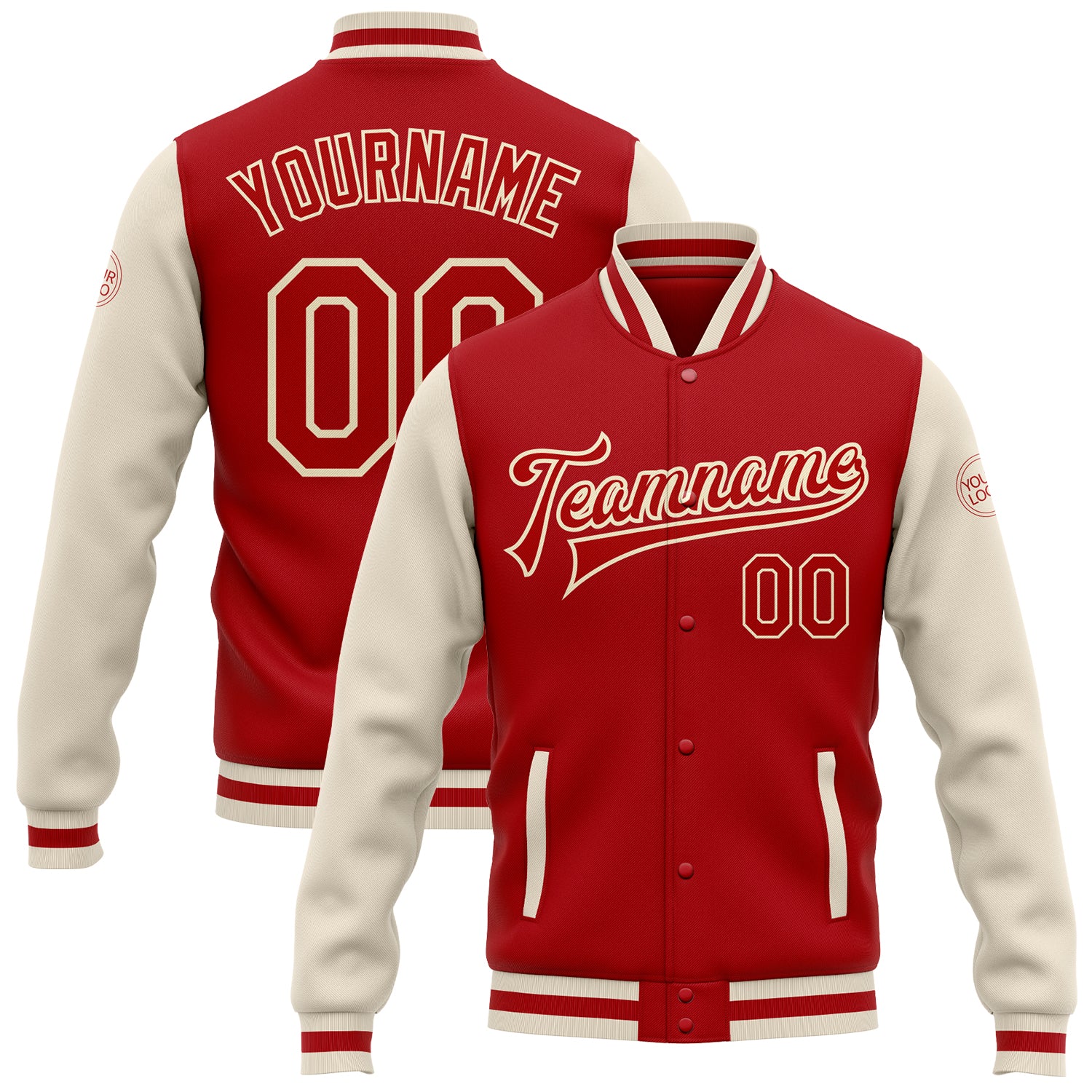Personalized Red Red-Cream Bomber Full-Snap Varsity Letterman Two Tone Jacket Team Custom Name and Number