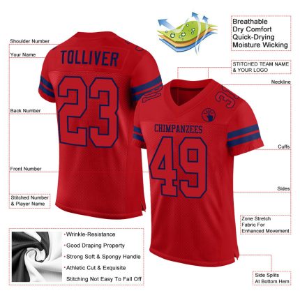 Personalized Red Red-Navy Mesh Authentic Football Jersey Team Custom Name and Number