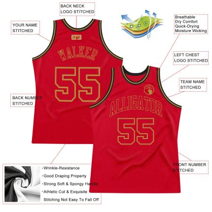 Personalized Red Red-Old Gold Authentic Throwback Basketball Jersey Team Custom Name and Number