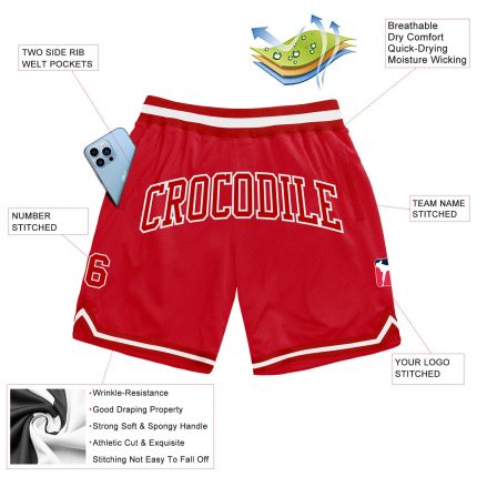 Personalized Red Red-White Authentic Throwback Basketball Shorts Team Custom Name and Number